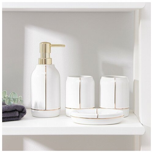 Frau Liebe Набор аксессуаров для ванной комнаты «Лайн», 4 предмета (дозатор 400 мл, мыльница, 2 стакана), цвет белый