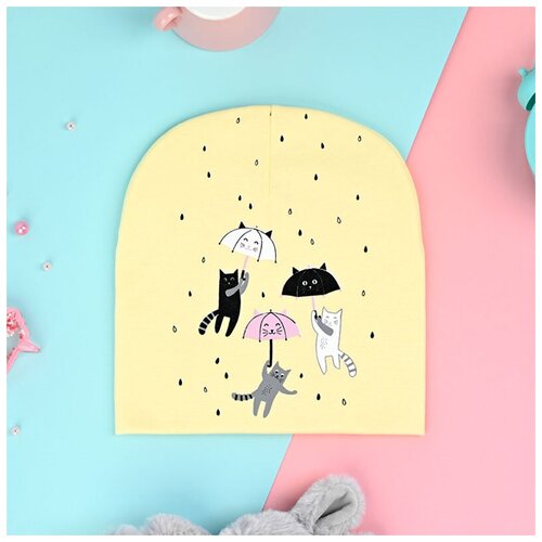 фото Шапка для девочки детская на осень демисезонная двойная котята с зонтиком, светло-желтая размер 54-56 baziator