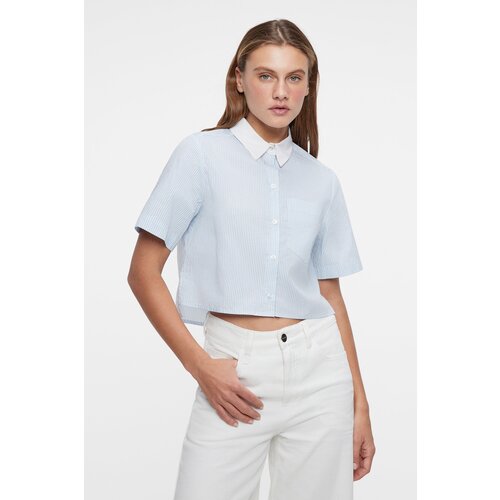 Блузка-рубашка хлопковая укороченная с коротким рукавом Befree 2321693361-1-M белый размер M