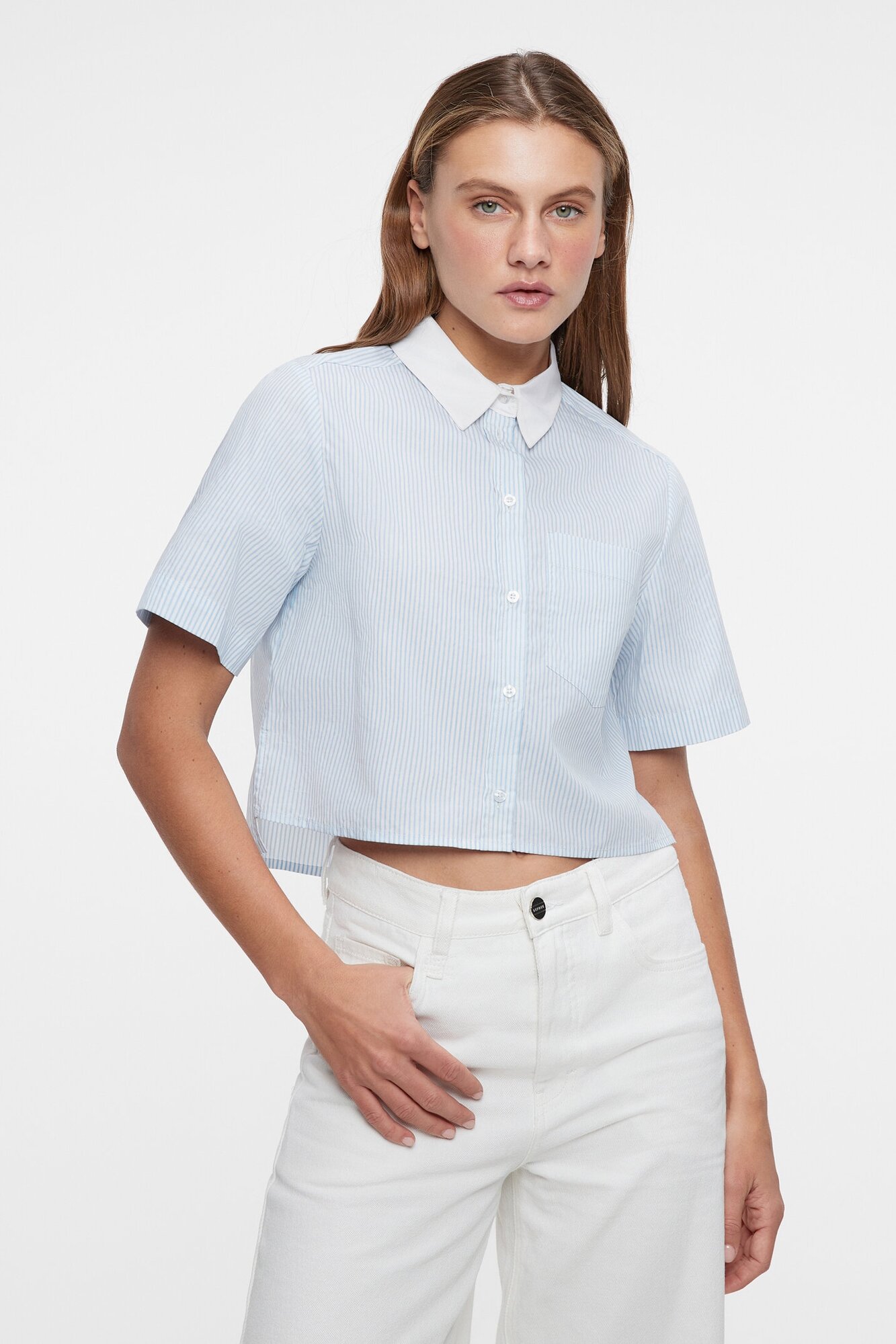 Блузка-рубашка хлопковая укороченная с коротким рукавом Befree 2321693361