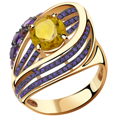 Кольцо АЛЕКСАНДРА, золото, 585 проба, цитрин, фианит, аметист, размер 19, фиолетовый, желтый