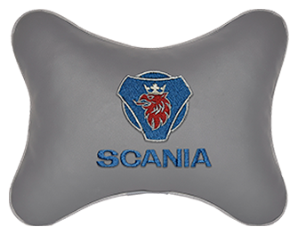 Автомобильная подушка на подголовник экокожа L.Grey с логотипом автомобиля SCANIA