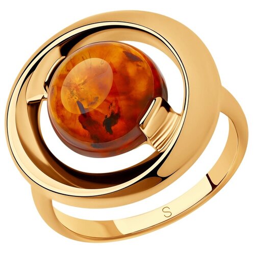 Кольцо SOKOLOV, серебро, 925 проба, золочение, янтарь прессованный, размер 17.5, коричневый amberholl стильное кольцо из серебра с янтарём медового цвета рондо