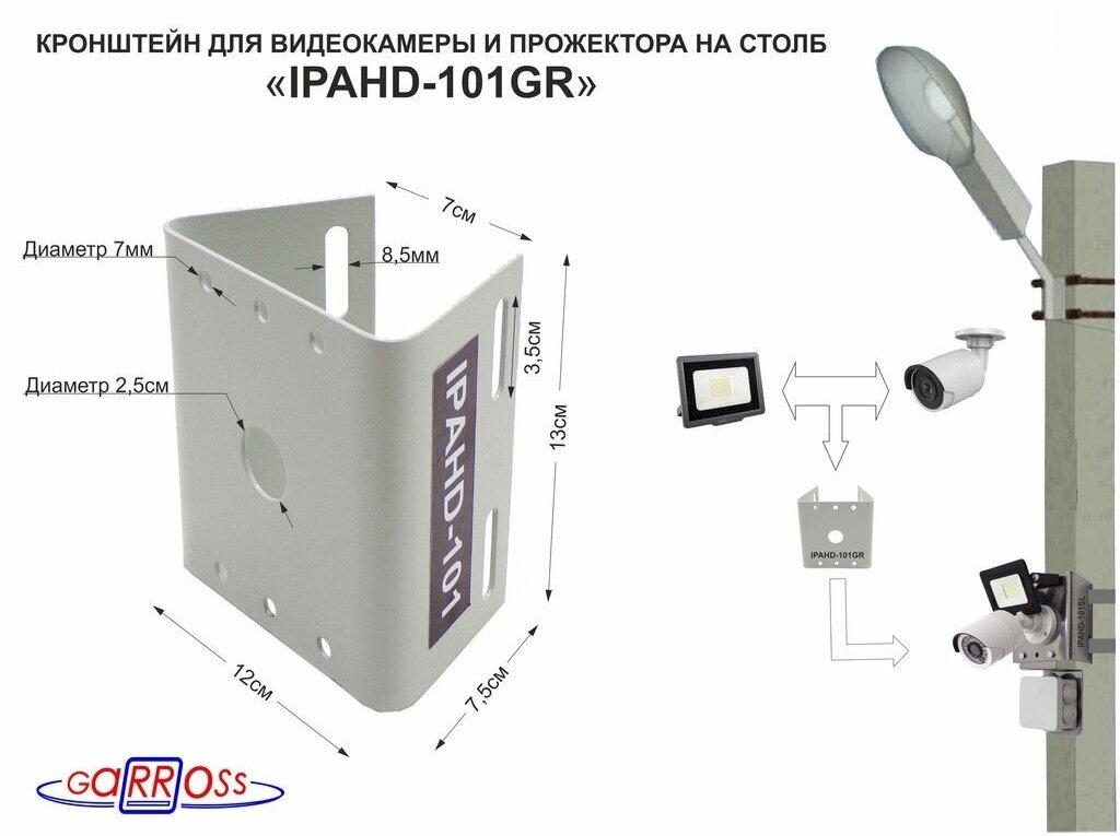 Кронштейн "IPAHD-101GR" для камеры и прожектора на столб под СИП-ленту вылет 80мм 75мм