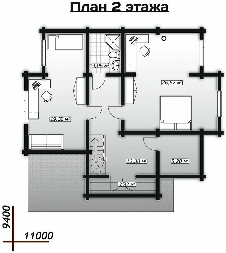 Готовый проект дома и бани из оцилиндрованного бревна / Двухэтажный / 149,43 - фотография № 3