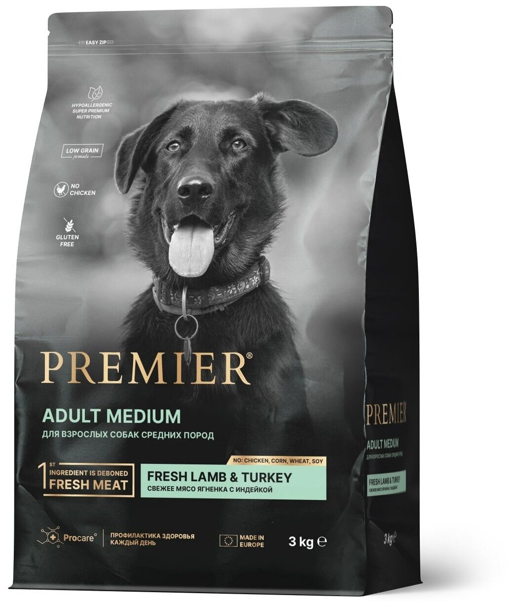 Premier Dog Adult Medium сухой корм для взрослых собак средний пород Ягненок и индейка, 3 кг.