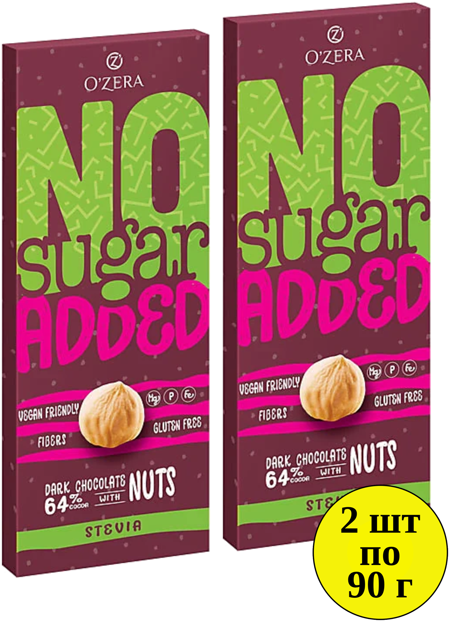 Шоколад OZera No sugar added Dark&Nuts 64%, 2 шт по 90 гр KDV