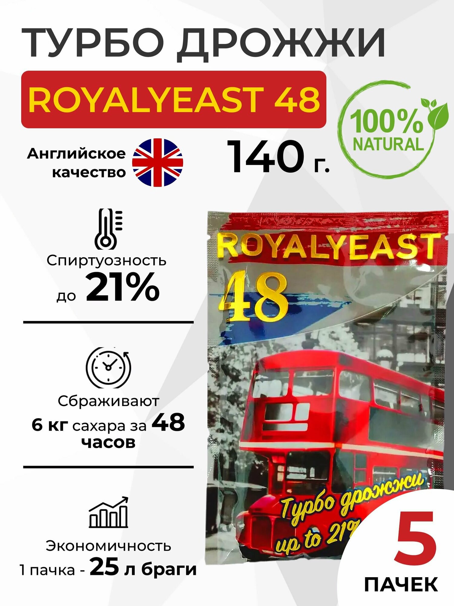 Турбо дрожжи Royal Yeast 48, 140 гр, 5 шт.