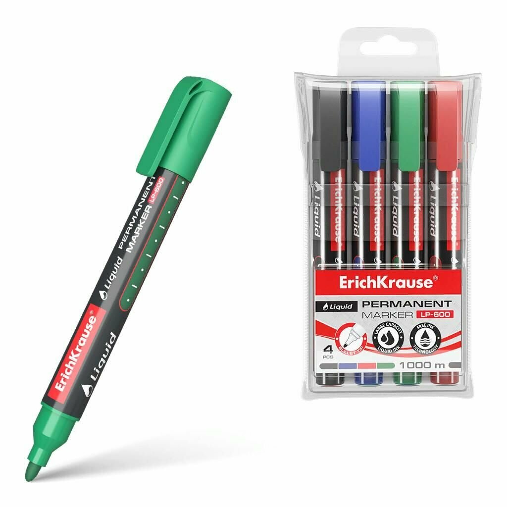 Перманентный маркер ErichKrause Liquid LP-600, цвет чернил: черный, синий, красный, зеленый (в футляре по 4 шт.)