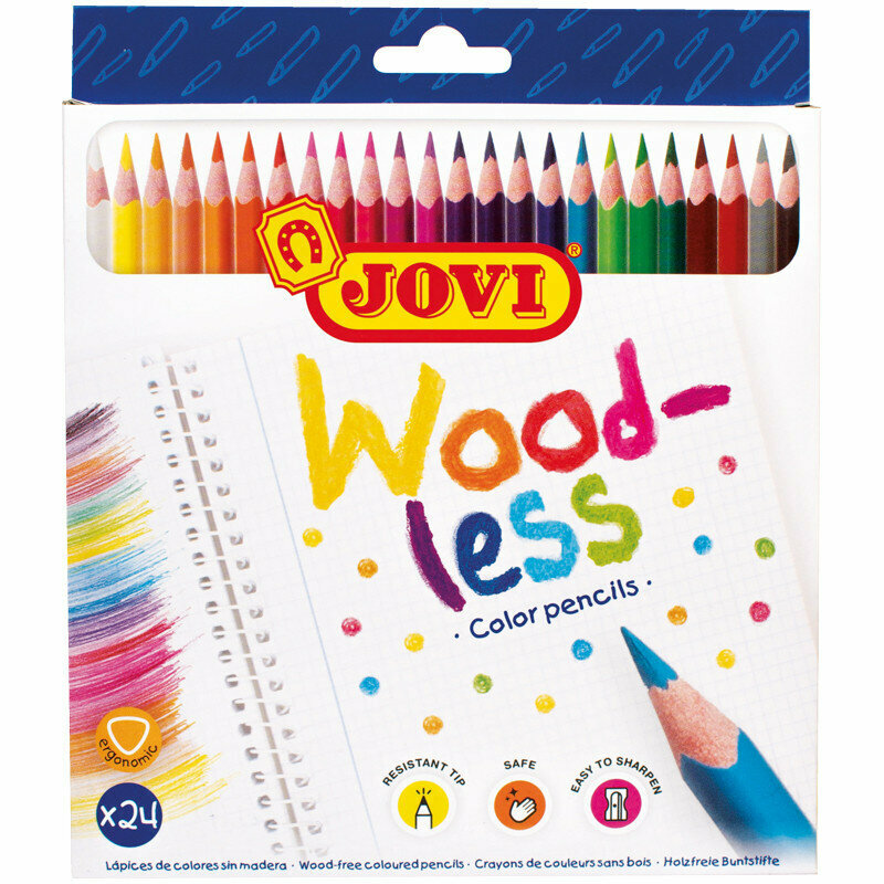 Карандаши цветные пластиковые JOVI "Wood-less", 24цв, трехгран, заточен, картон, европодвес, 281515
