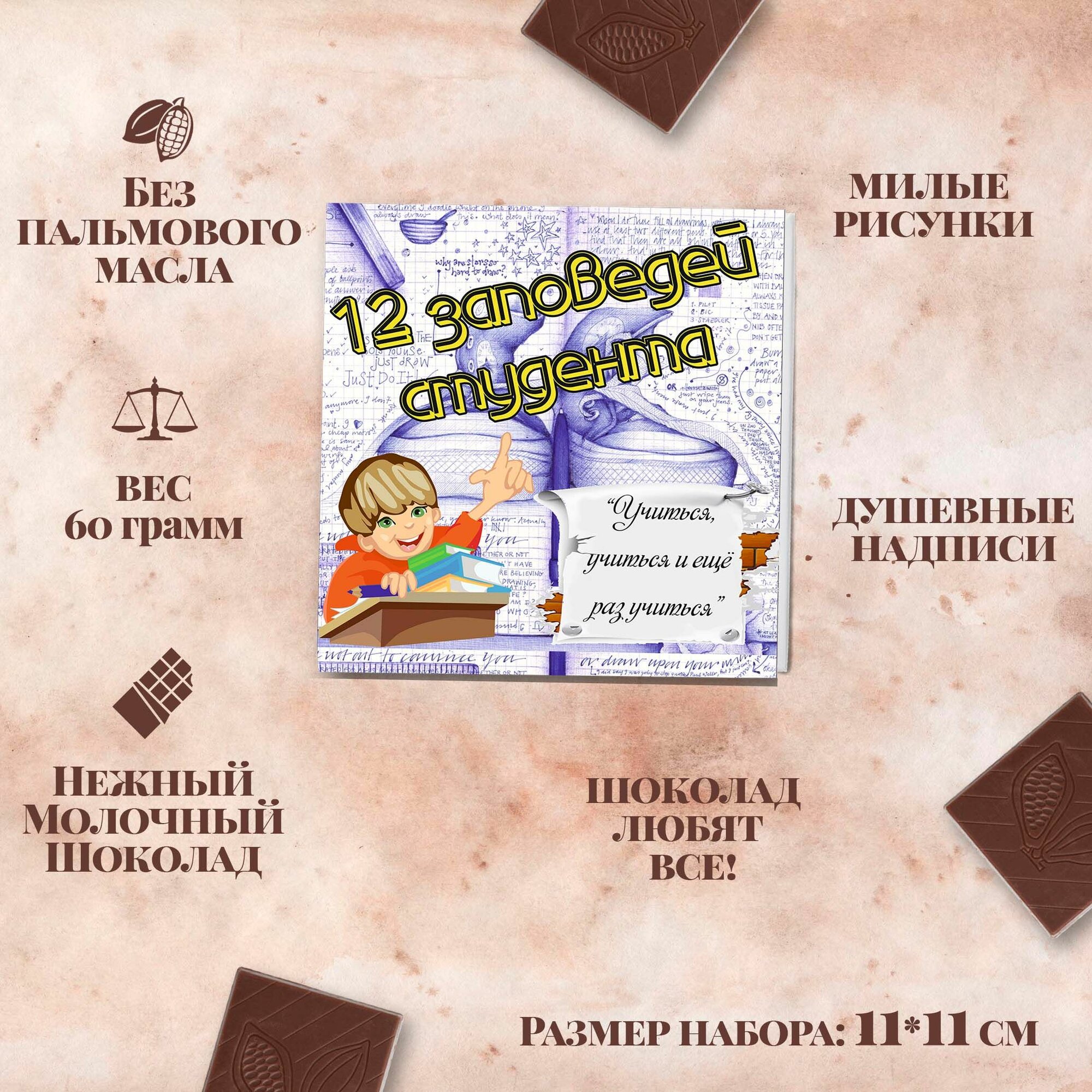 Подарочный шоколадный набор "12 заповедей студента", подарок студенту, 12 шоколадок с пожеланиями — фото 1