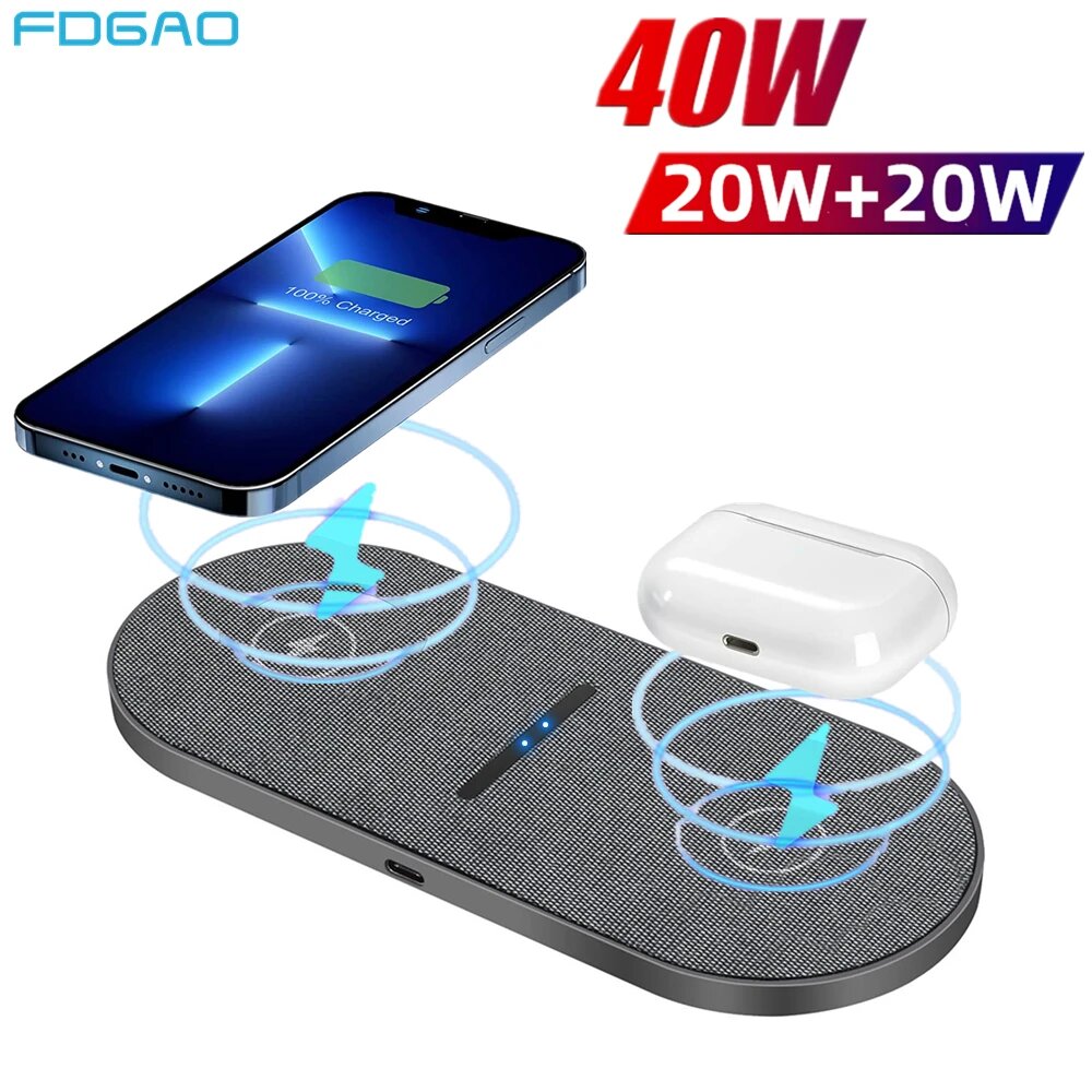 Беспроводная зарядная станция 2 в 1, 40 Вт для iPhone 16 15 14 13 12 11 XS Airpods 3 Pro, 20 Вт, быстрое двойное зарядное устройство для Samsung S23 S24, Double 15W — фото 1