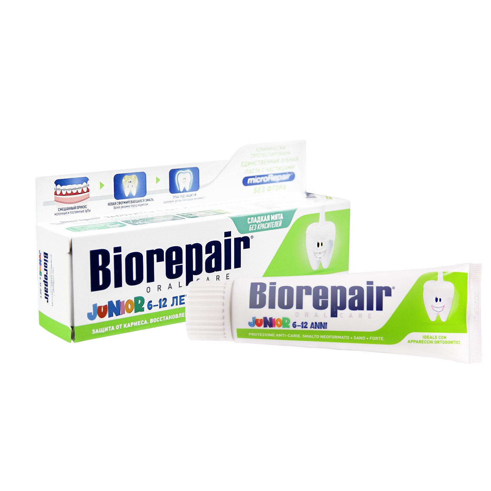 Зубная паста Biorepair Junior 75мл (6-12 лет, мятный, без фтора/без парабенов) — фото 1