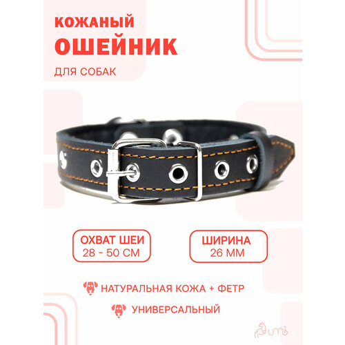 Кожаный ошейник (обхват шеи 28-50 см.) на фетре для собак / чёрный цвет