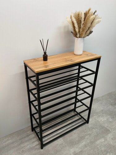 Изображение товара Обувница для прихожей "Мэйли" 5 полок / 51х30х98см / черный каркас - ЛДСП дуб вотан