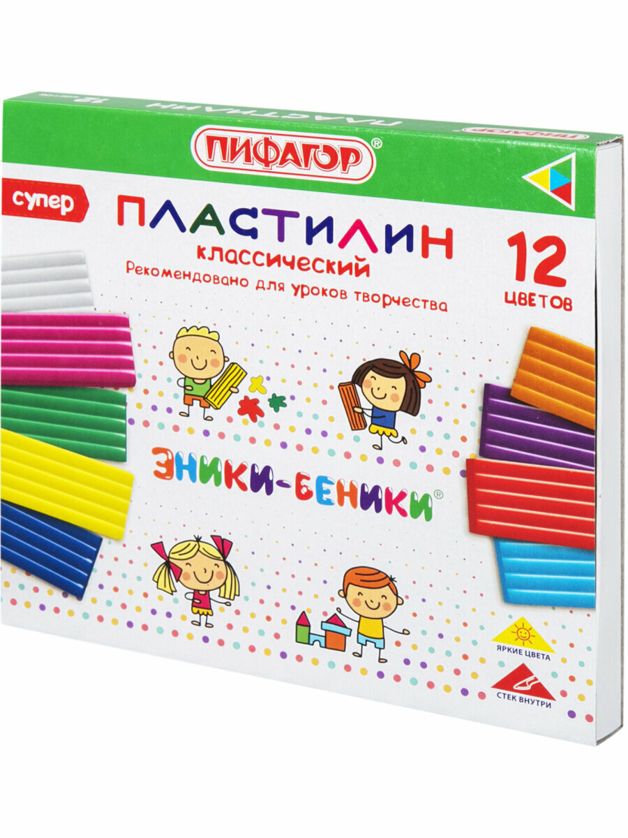 Пластилин классический для лепки (набор) для детей Пифагор Эники-беники Супер 12 цветов 240 грамм стек 106429