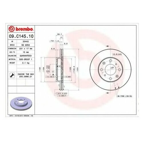 фото Тормозной диск brembo 09.c145.10 для honda jazz ii,iii, life, logo, zest