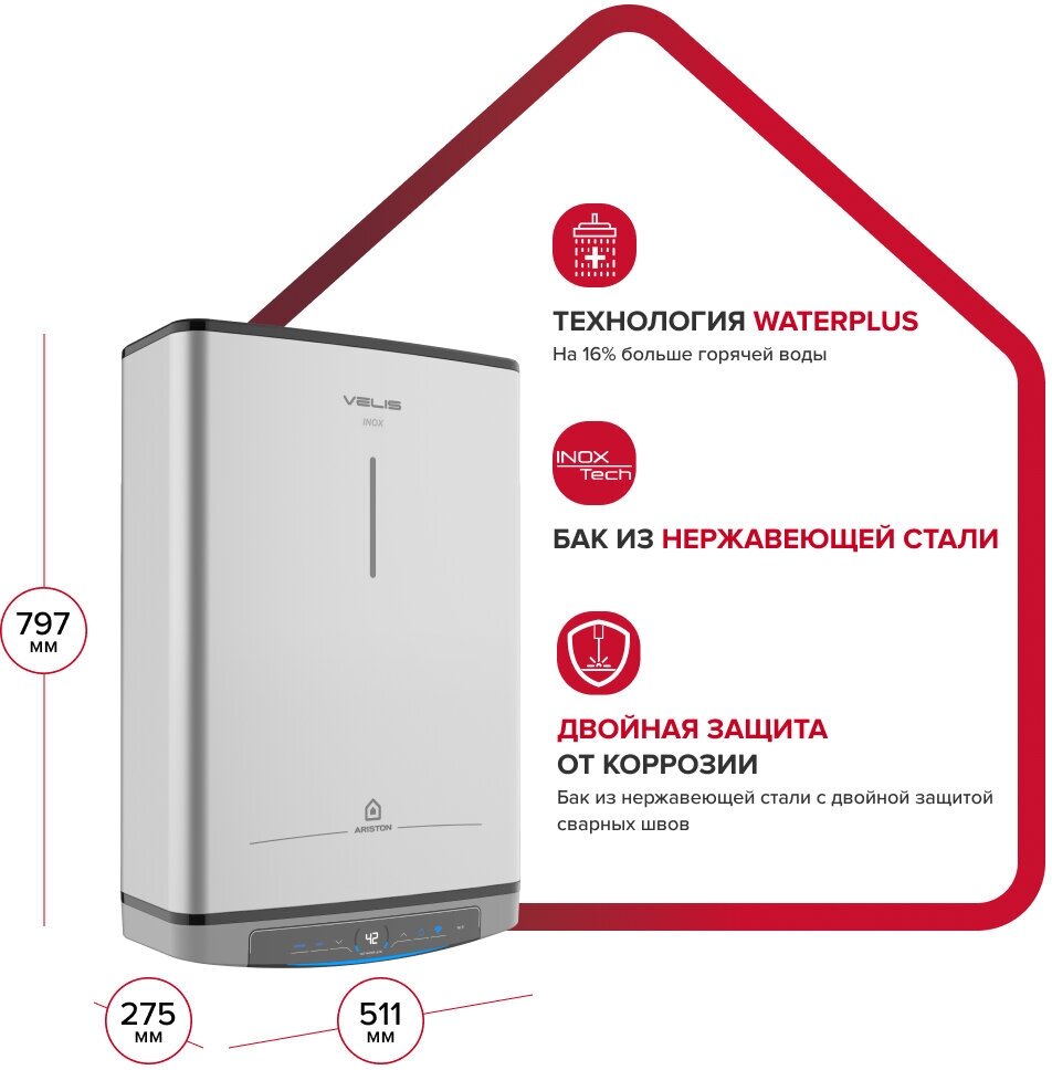 Водонагреватель Ariston Velis Lux Inox PW ABSE WIFI 50, накопительный, 2.5кВт, 50л, серый [3700674] - фото №3