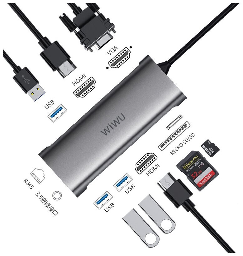 Хаб USB Wiwu Alpha A11312H Type-C - 3xUSB / 2xHDMI / VGA / RJ45 / AUX 3.5 Grey 6973218930145