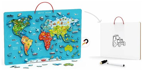 Пазл магнитный Viga Toys Карта мира с маркерной доской, на английском, 44508