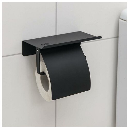 Держатель для туалетной бумаги с полочкой, 18×10,3×14 см, цвет чёрный. В наборе 1шт.