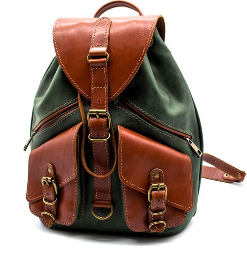 Рюкзак  бочонок , натуральная кожа, внутренний карман, регулируемый ремень, зеленый