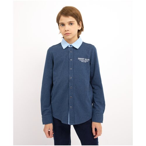 фото Рубашка синяя с длинным рукавом gulliver для мальчиков, цвет синий, размер 158, модель 200gsbc1405