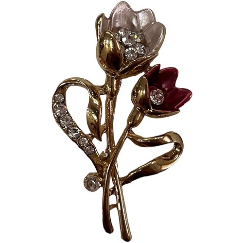 Брошь, стразы, бордовый, серебряный