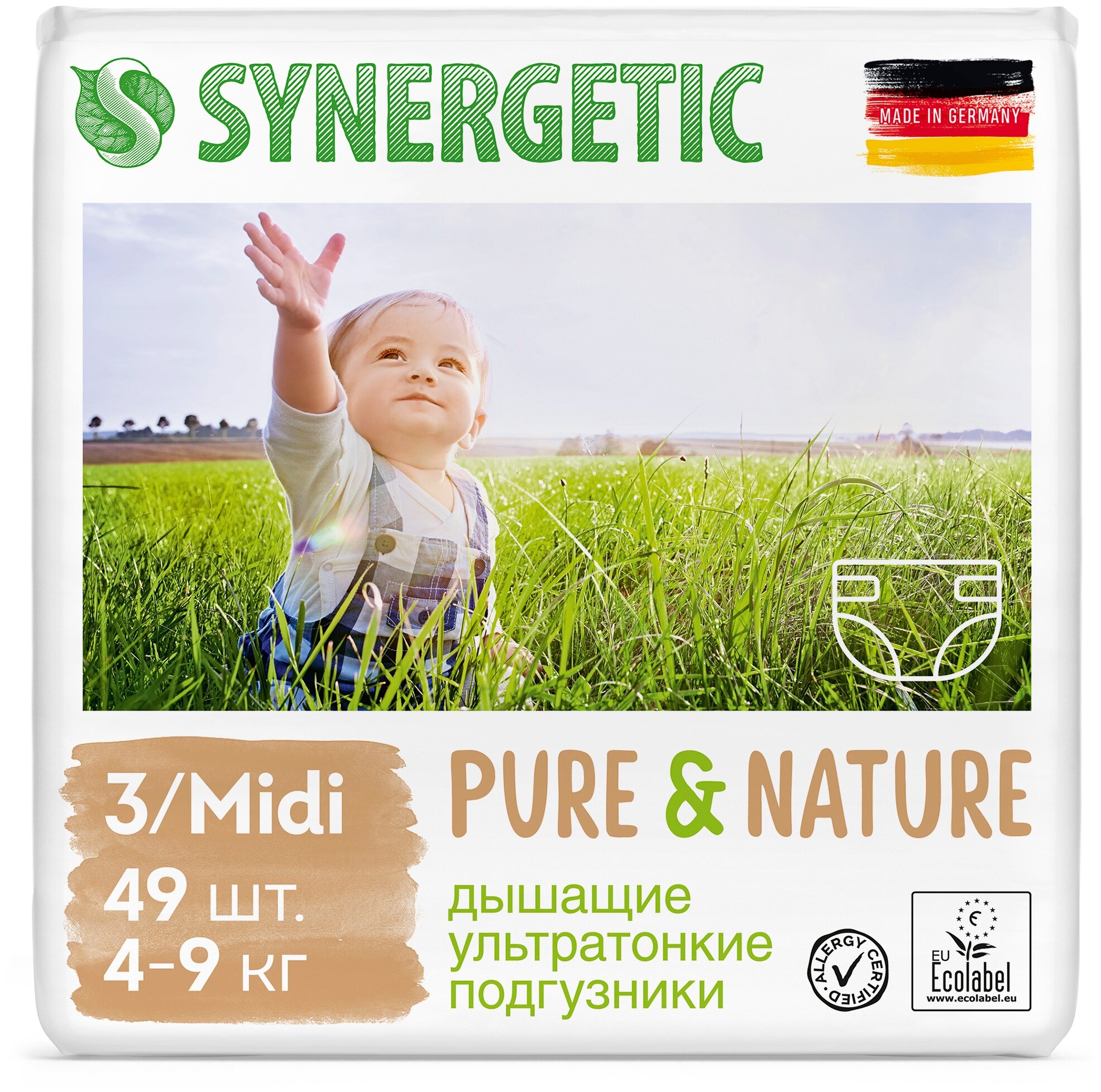 Подгузники SYNERGETIC PURE&NATURE Ультратонкие, дышащие, размер 3 MIDI, (4-9кг) 49шт