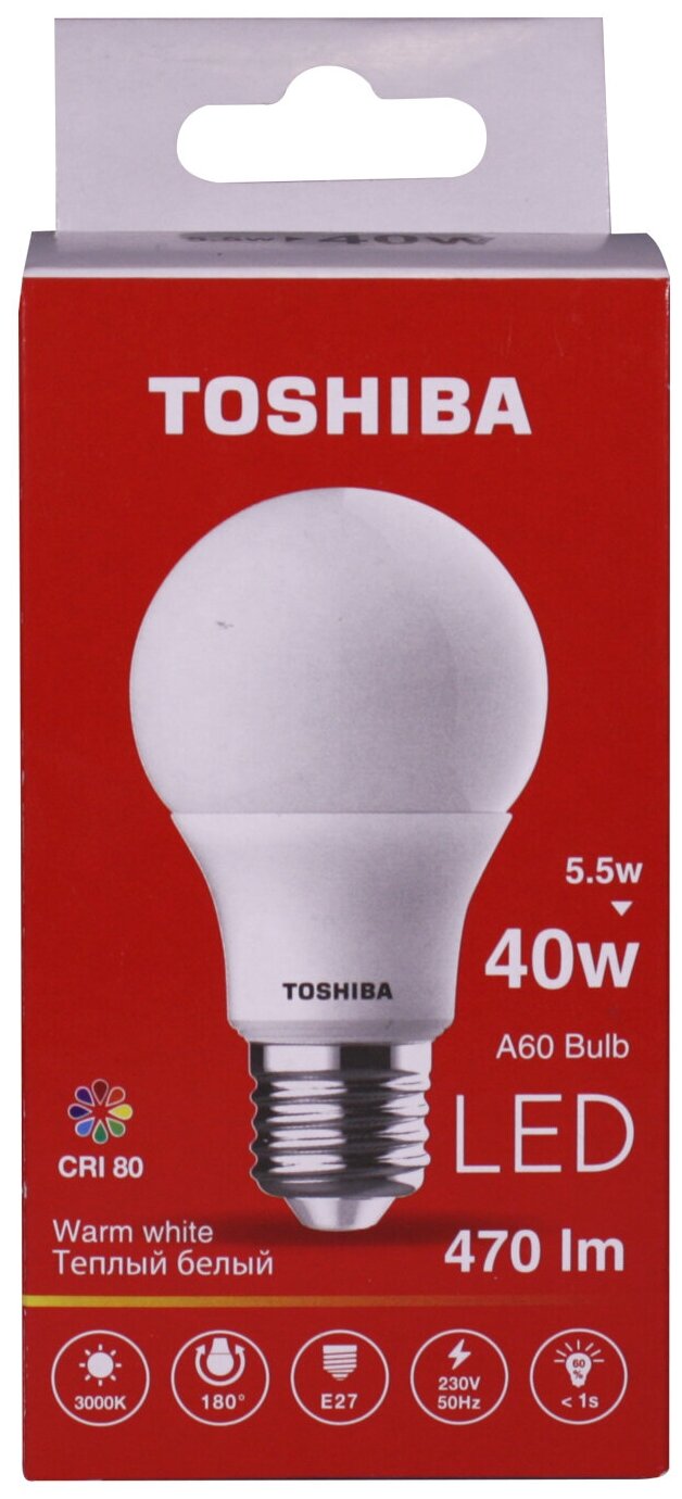"Лампа светодиодная TOSHIBA 5,5 Вт Е27 груша A60 3000 K теплый свет 220В матовая"