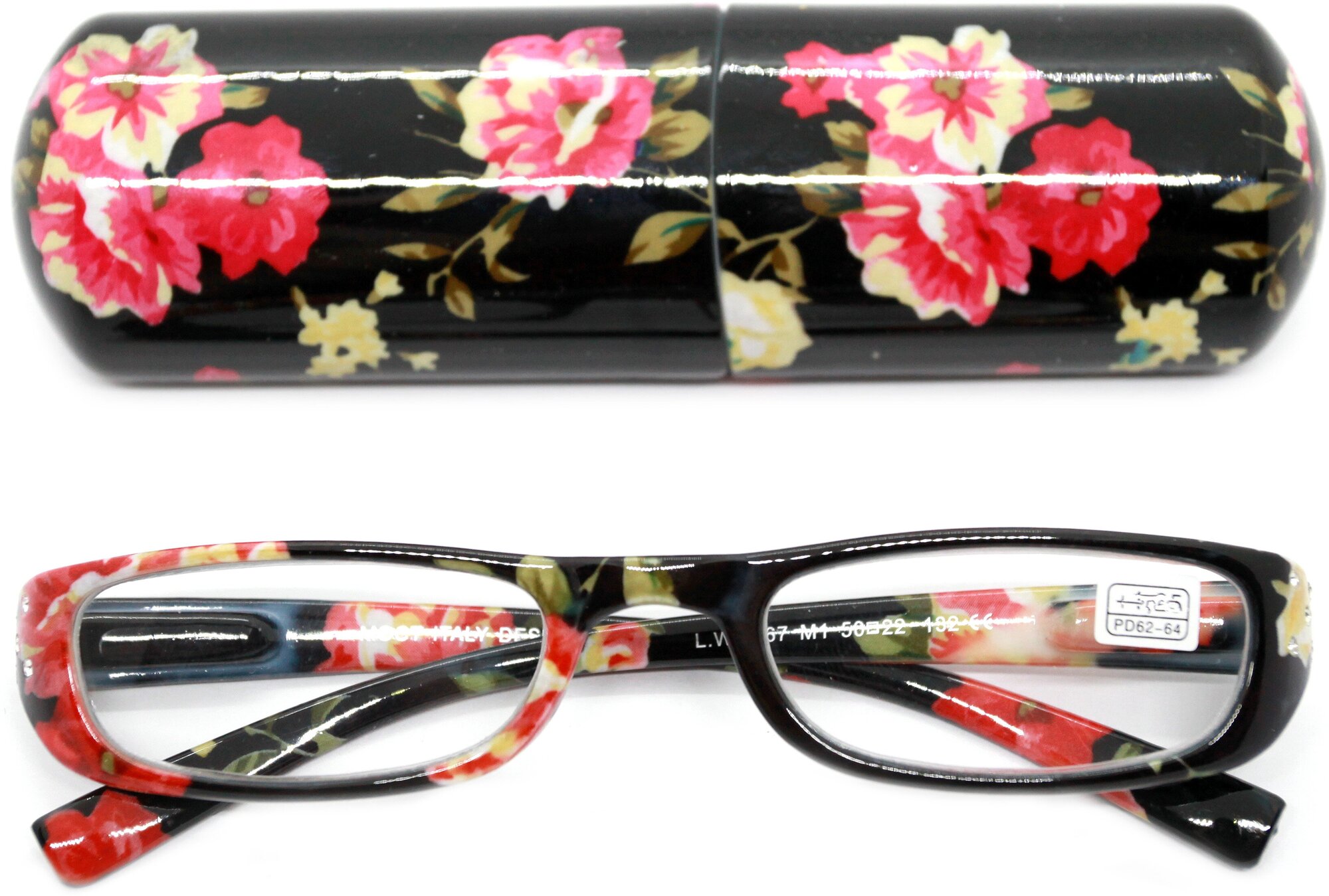 Узкие очки для чтения женские с футляром (+2.25) коррегирующие, L.W. 2067 M1, цвет черно-красный, РЦ 62-64