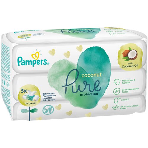 Влажные салфетки Pampers Pure Protection Coconut, липучка, 42 шт., 3 уп.