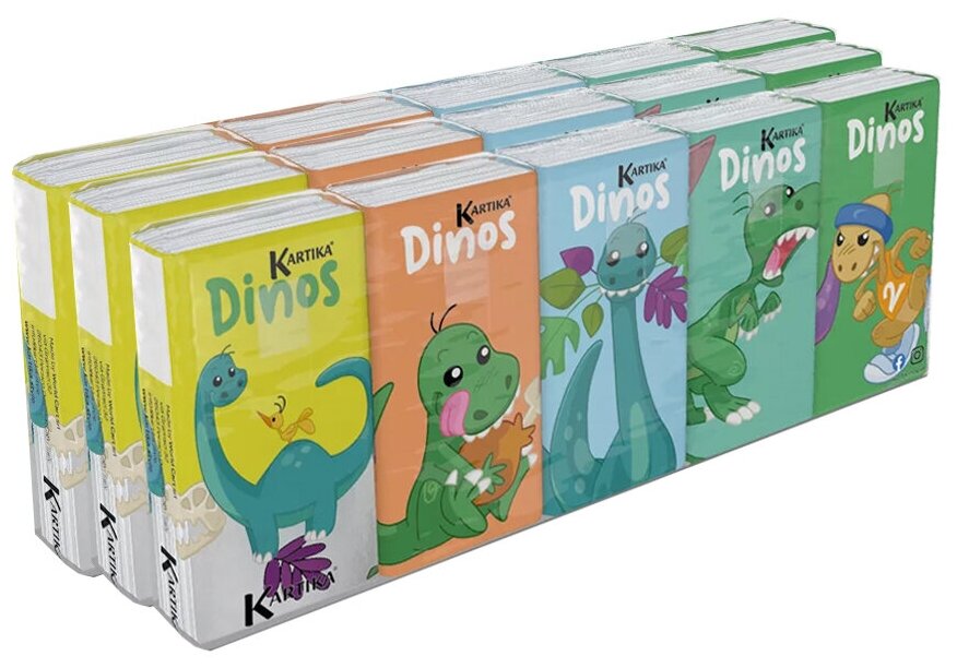 Бумажные платочки "Динозавры" с рисунком, 4 слоя, 15 пачек х 9 листов, 21х21 см