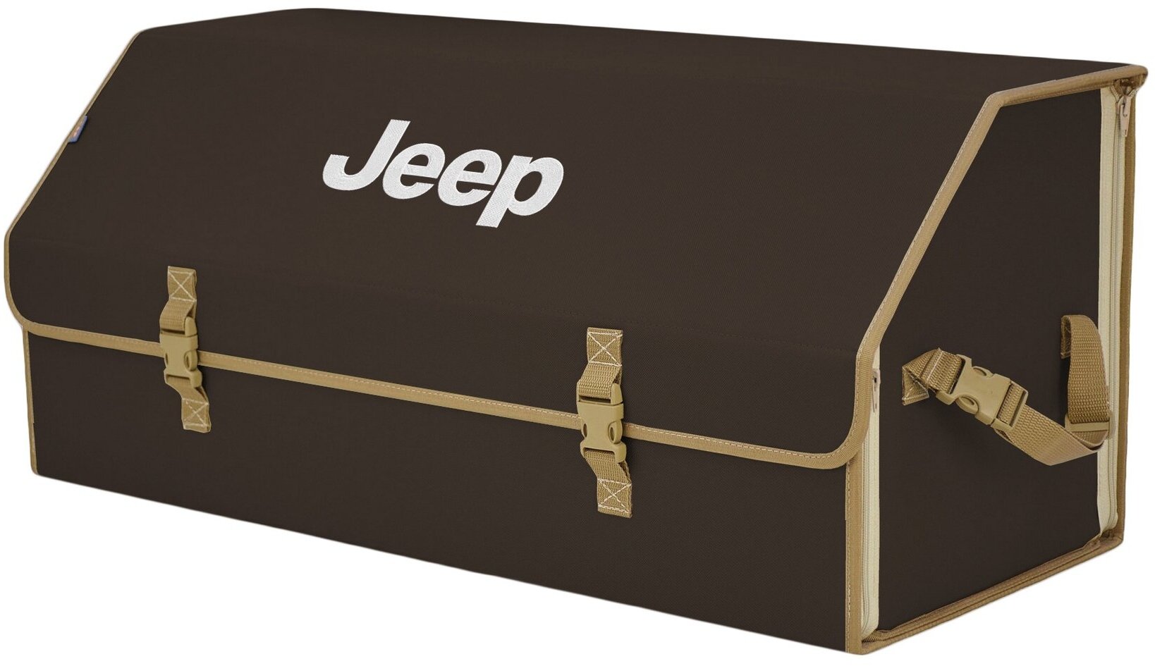 Органайзер-саквояж в багажник "Союз" (размер XXL). Цвет: коричневый с бежевой окантовкой и вышивкой Jeep (Джип).