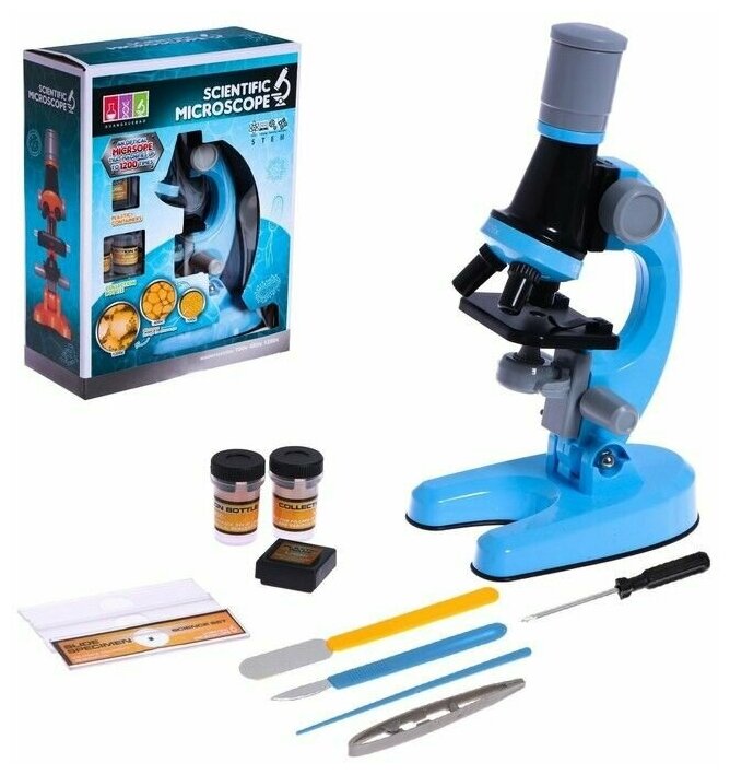 Микроскоп детский "Юный ботаник" кратность х100, х400, х1200, голубой, подсветка