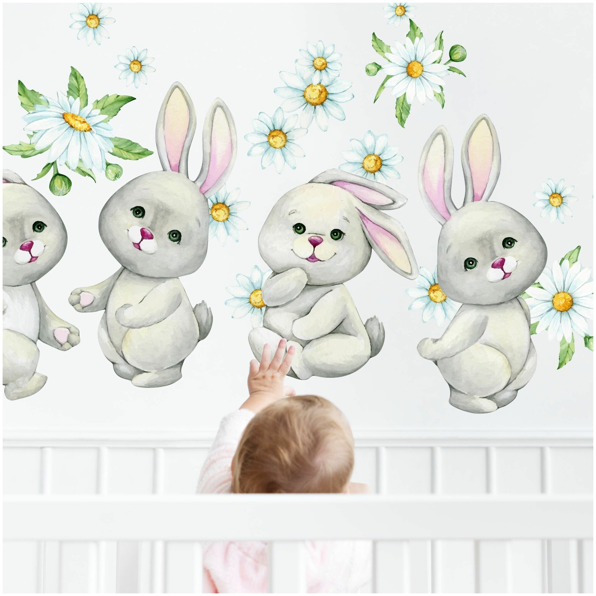 Интерьерные наклейки на стену цветы и зайцы 90x55 см