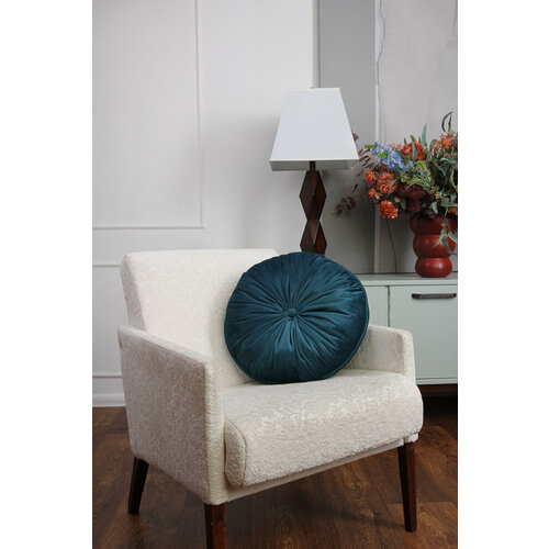 Подушка круглая бархатная с пуговицей цвет сине-зеленый изумрудный 1440₽