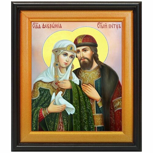 Благоверные князья Петр и Феврония с голубем, икона в широком киоте 24*27,5 см