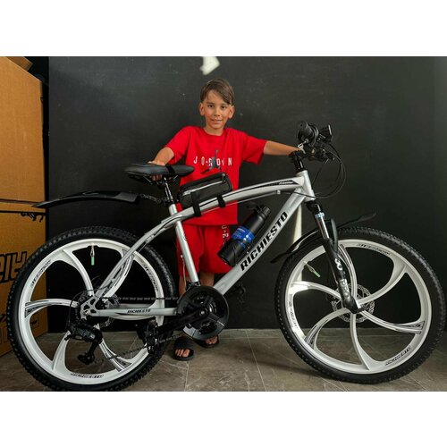 Велосипед горный RICHIESTO 24 колёса Алюминиевые кованные литые диски Спортивный серо-черный матовый 2550000₽