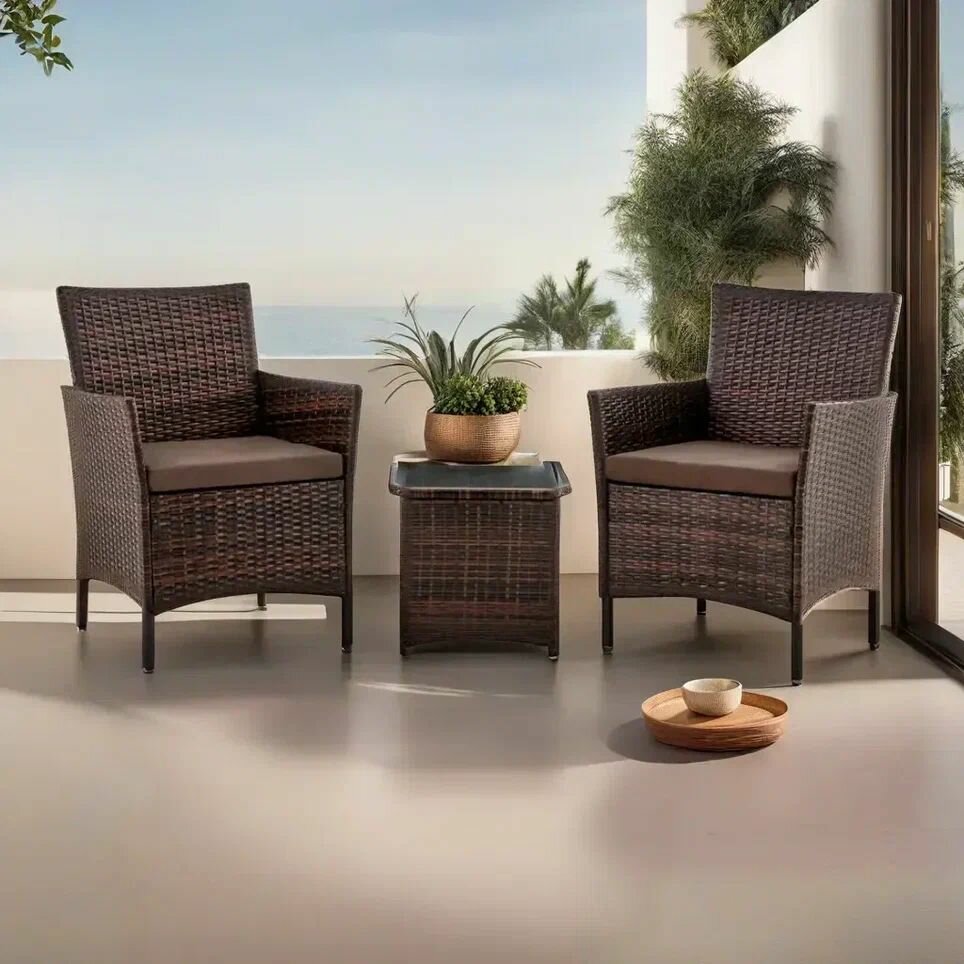 фото Набор садовой мебели столик и два кресла с подушками Patioli Киото Дуэт цвет шоколад