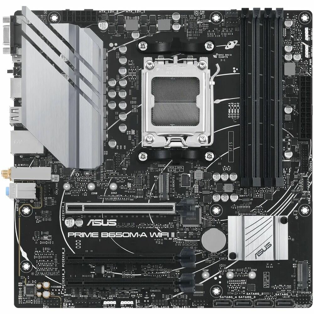 Материнская плата ASUS Prime B650M-A WiFi II B650 Socket AM5 4xDDR5, 4xSATA3, RAID, 2xM.2, 3xPCI-E16x, 4xUSB3.2, D-Sub, DP, HDMI, WiFi, 2.5Glan, mATX — фото 1