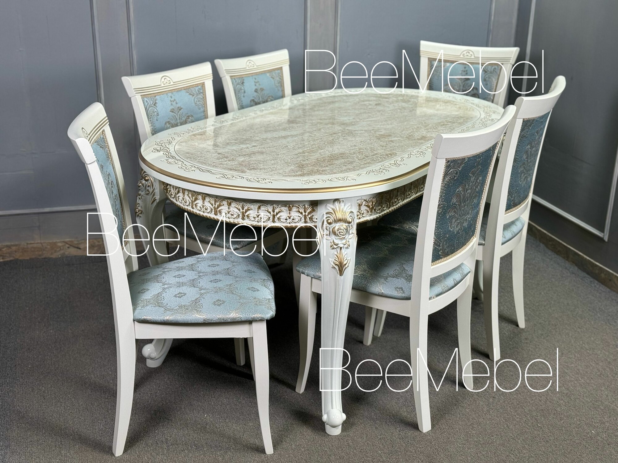 Обеденная группа, стол овальный кухонный слоновая кость 200/100 и 6 стульев