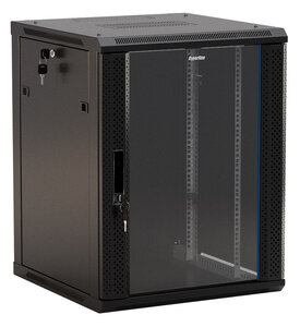 Hyperline TWB-2245-GP-RAL9004 Шкаф настенный 19-дюймовый (19"), 22U, 600х450мм, стеклянная дверь с перфорацией по бокам, ручка с замком, цвет черный (RAL 9004) (разобранный)