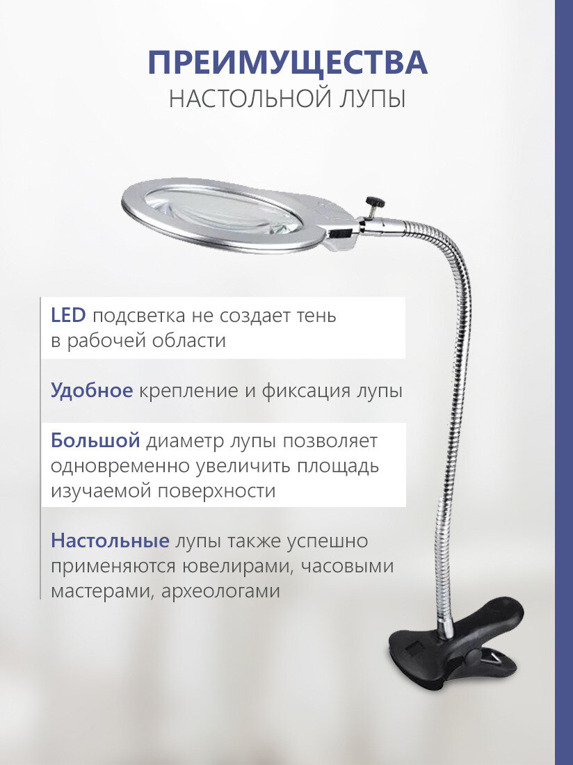 Лупа настольная на прищепке с LED подсветкой