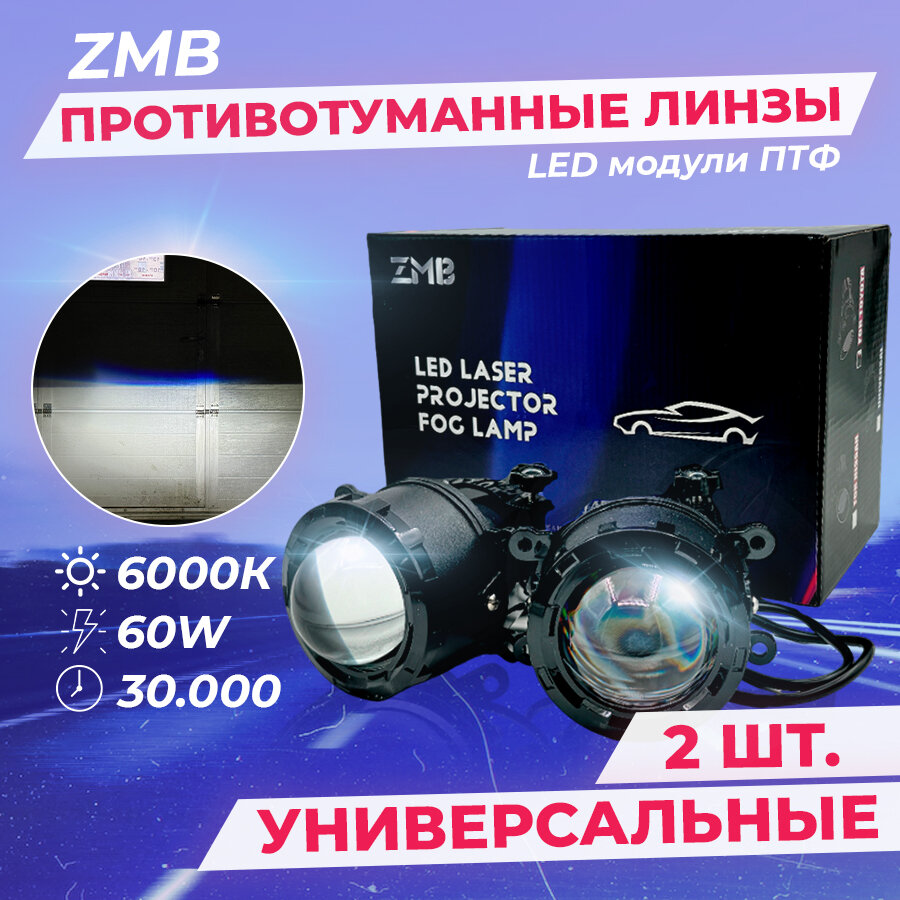 Светодиодные LED модули ПТФ линзы ZMB универсальные, противотуманные фары белые 6000К на Лада Веста, Renault, Honda, Ford(2 шт)