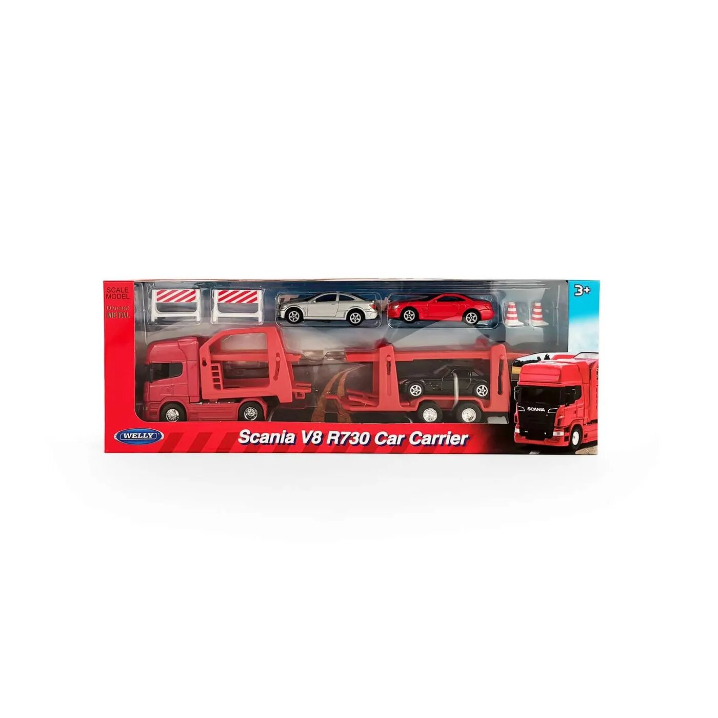 Набор WELLY Модели машин 1:64 Грузовик Scania V8 R730 с тремя легковыми машинками