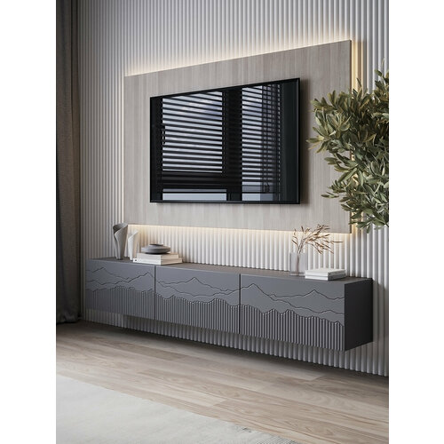 Тумба комод под телевизор Puzzlemebel Хюгге, подвесная настенная консоль, 180 см, графит