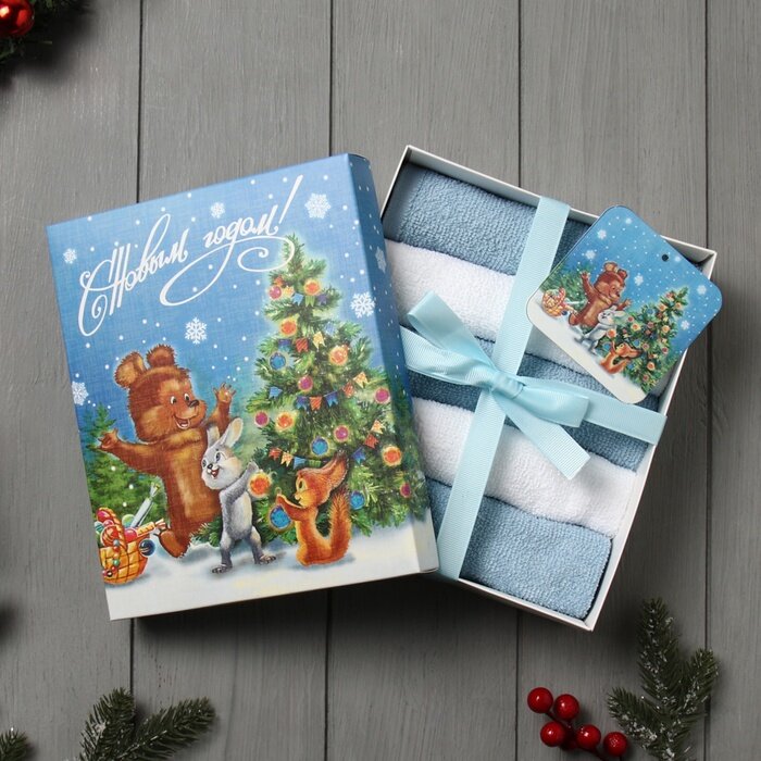 Набор махровых полотенец Этель "Новогодняя открытка" 30х30 см -5шт 100% хл 340гр/м2