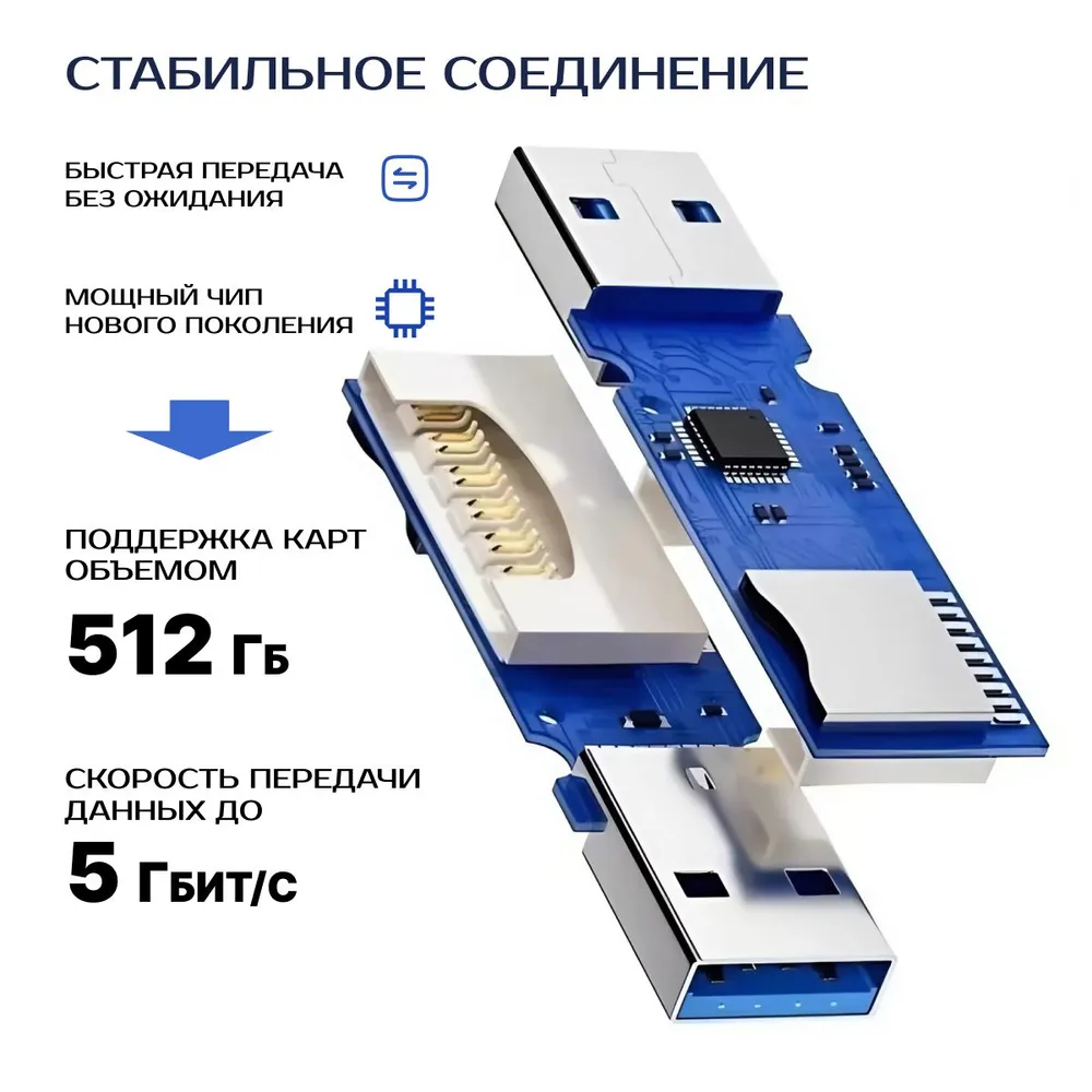Картридер USB 3.0 для Micro SD-SD, TF, переходник для флеш-карт, черный — фото 1