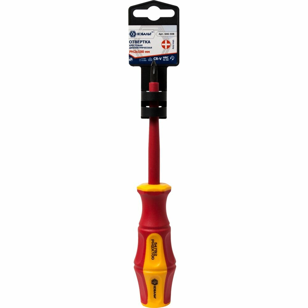 Отвертка диэлектрическая кобальт Ultra Grip PH-2 х 100 ммCR-V двухкомпонентная рукоятка (1 шт.) подвес